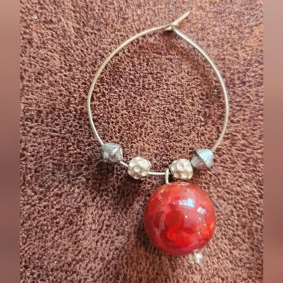 Gold Hoop Earrings With Coral Red Beads - Picture 3 of 4